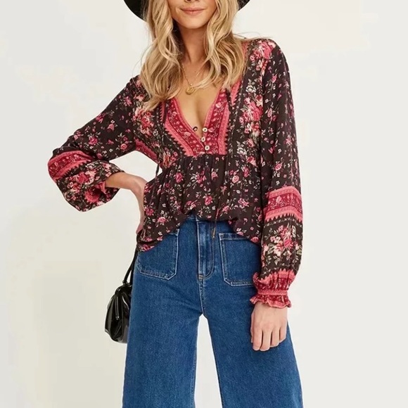 Black Floral Boho Gypsy Button Long Sleeve Blouse - Picture 3 of 6